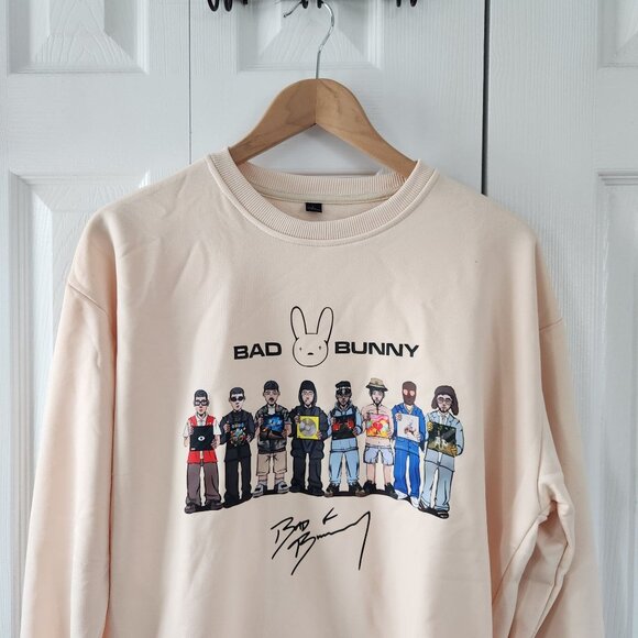 Bad Bunny Long Sleeve Tan Graphic Pullover Sweater - Picture 6 of 7